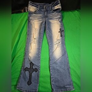 Flamingal Cross Embroidery Distressed Bootcut Low Rise Jeans Size Large Waist 32